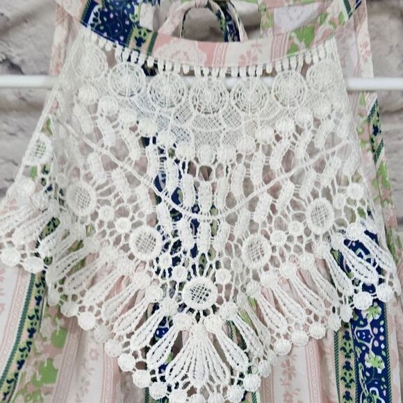 Mistic Prysm by Listicle Crochet Lace Trapeze Dress Wide Stripe Chiffon Shift - Picture 8 of 9